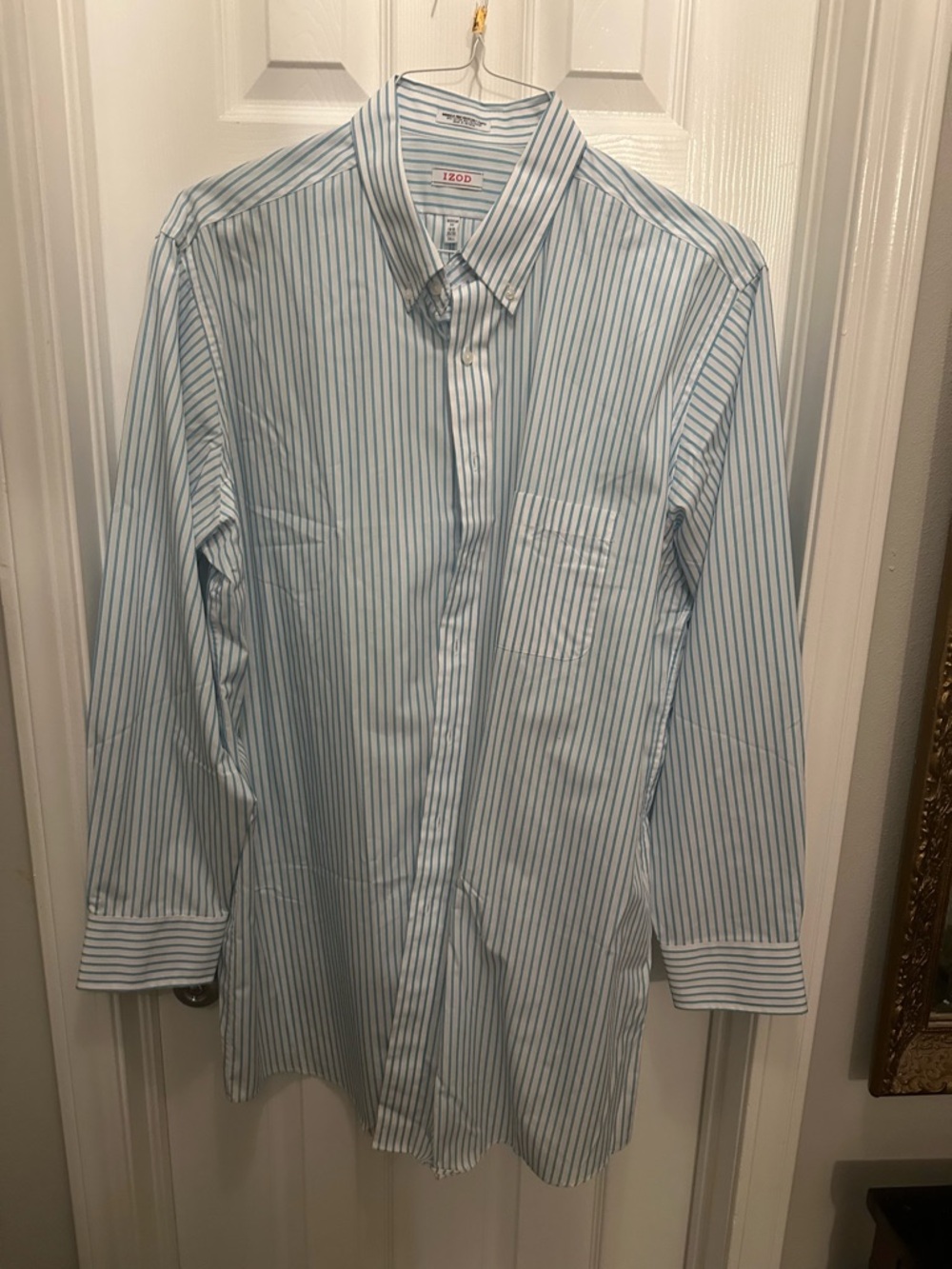 Izod Men's Blue and White Pinstripe Button-Down Dress Shirt